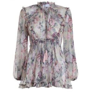 Zimmermann Jasper Floral Ruffle Sheer Blouse Top Size 1 Small b113E